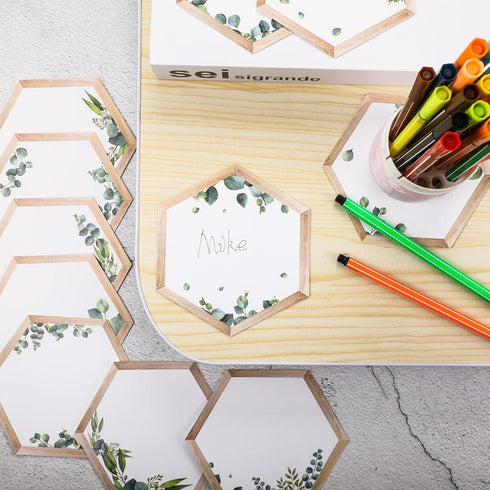 60 Pcs Simply Boho Hexagons Cutouts Hexagon Cutout Simply Boho Classroom Decor Assorted Greenery and Wood Grain 6 Sided Bulletin Board Decorations...