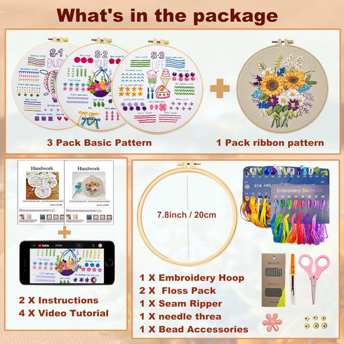 KLOSN 4 Sets Embroidery Kit for Beginners, Sun Flower Ribbon Embroidery Patterns & Basic Embroidery Stitches Kits, Needlepoint Kits for Adults, Be...