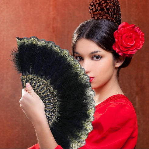 2 Pieces Feather Hand Fan Embroidered Flower Marabou 1920s Feather Fan Hand Folding Drag Queen for 20s Women Costume Party Dancing Photoshoot Wedd...