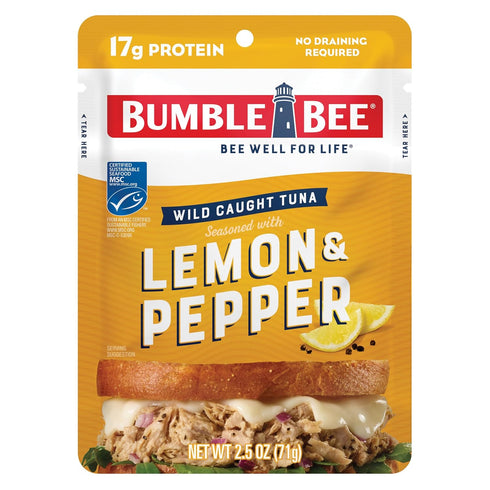 Bumble Bee Lemon & Pepper Seasoned Tuna, 2.5 oz Pouch - Ready to Eat - Wild Caught Tuna Packet - 17g Protein per Serving - Gluten Free...