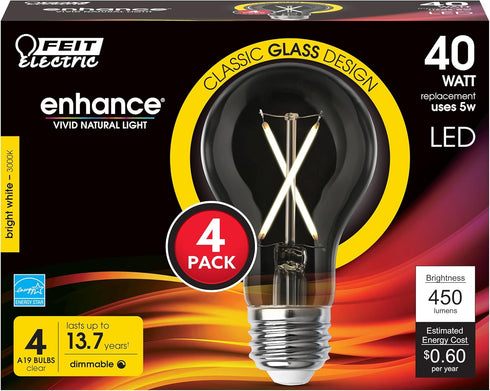 Feit Electric LED Clear A19 Medium Base Light Bulb - 40W Equivalent - 15 Year Life - 450 Lumen - 3000K Bright White - Dimmable | 4-Pack...