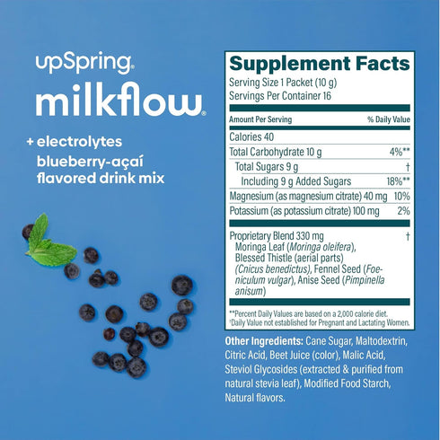 UpSpring Milkflow Electrolyte Breastfeeding Supplement Drink Mix Fenugreek-Free, Moringa & Blueberry Acai Flavor, Lactation Supplement to Support ...