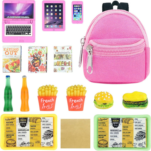 15 Pcs Doll Accessories Miniature Laptop Computer Tablet Phone Mini Backpack and Mini Food Including Burger Soda Set and Burger Hot Dog Set and Go...