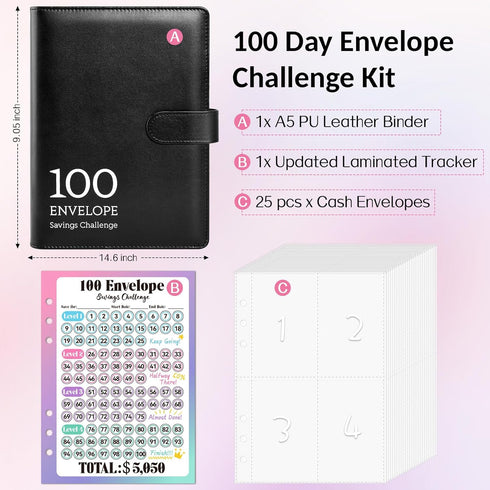 Sooez Savings Kit - 100 Envelopes Money Challenge with Reusable Tracker, A5 Leather Binder, Fun Way to Save $5,050, Green Marble...
