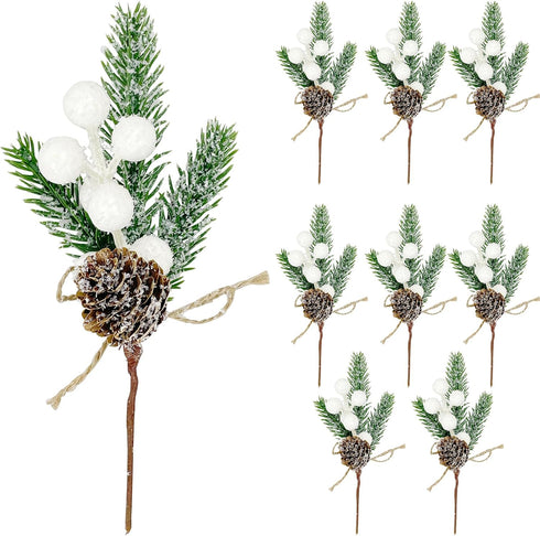 White Christmas Berries Floral Pine Cones Christmas Artificial Pine Branches Evergreen Branch Berries for Decoration DIY Christmas Craft Wreath De...