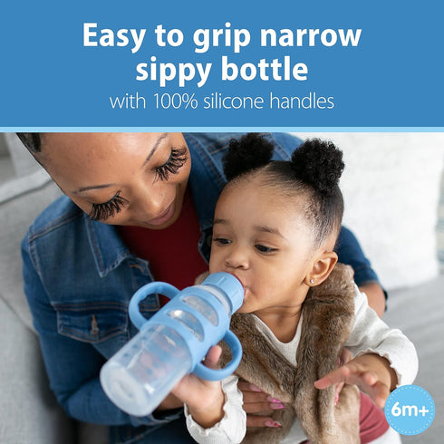 Dr. Brown's Milestones Narrow Sippy Bottle with 100% Silicone Handles,Easy-Grip Bottle with Soft Sippy Spout,8oz/250mL,BPA Free,Light-Blue,6m+...