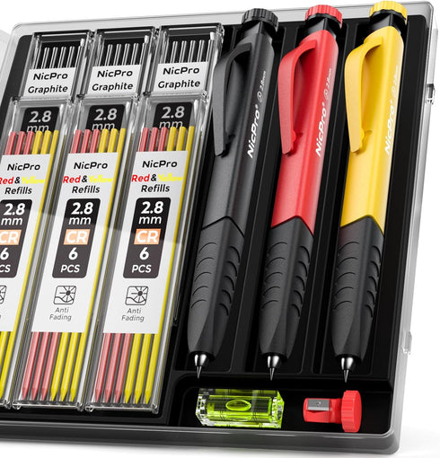 Nicpro 3 Pack Carpenter Pencil Set with Sharpener & Finger Grip, Mechanical Woodworking Pencils with 39 Refills (Red, Black, Yellow), Deep Hole Ma...
