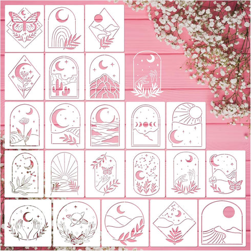 Boho Stencils for Painting Nature Mountain Moon Sun Drawing Stencil Leaf Landscape Paint Template on Wood Wall Art Crafts Shirt Canvas Furniture P...