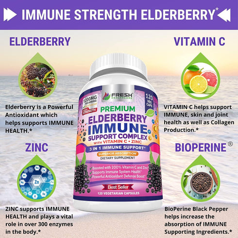 FRESH HEALTHCARE Elderberry Capsules - High Potency Black Elderberry with Zinc and Vitamin C - Premium Elderberry Vitamins for Adults - 3 in 1 Imm...