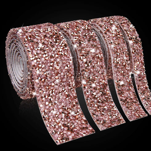 4 Rolls Rose Gold Pink Rhinestone Diamond Ribbon/Strips Self-Adhesive Crystal Diamond On a Roll, Bling Wrap DIY Art Crafts Sticker, Rhinestones Ta...