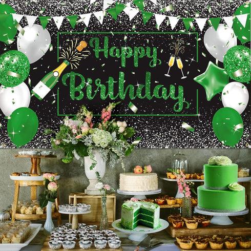 Green Silver Black Happy Birthday Banner Decorations - Champagne Glass Balloons Photo Booth Background for Men Women Party Supplies 73 x 44 Inch...