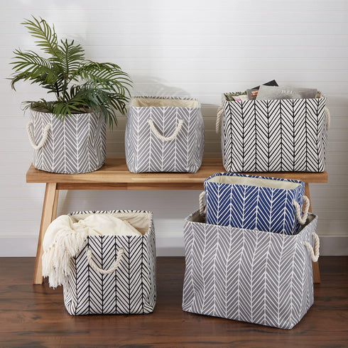 DII Polyester Container with Handles, Herringbone Storage Bin, Large Round, Small Square, Gray...