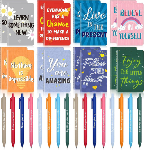 Funrous 32 Pcs Motivational Quote Pens Inspirational Notepads Mini Motivational Journal with Ballpoint Pen Small Notebooks Gift Set for Student Me...