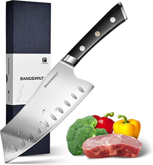 Meat Cleaver Chef Knife,7-in Ultra Sharp Kitchen Knife,Slicer Knife Cooking Knife Vegetable Knife,German HC Stainless Steel,Full Tang Wood Handle,...