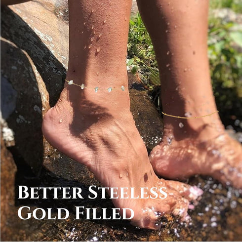 4Pcs Natural Gemstone Stainless Steel Anklets for Women Waterproof Gold Anklets for Women 14k Real Gold Anklet for Teen Girls Adjustable 8.3 "+2 '...