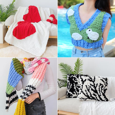 Franel Loop Yarn 100% Polyester Chenille White Puffy Yarn Chunky Finger, Craft Finger Knitting Loopy Yarn Soft and Light Material, Perfect for DIY...
