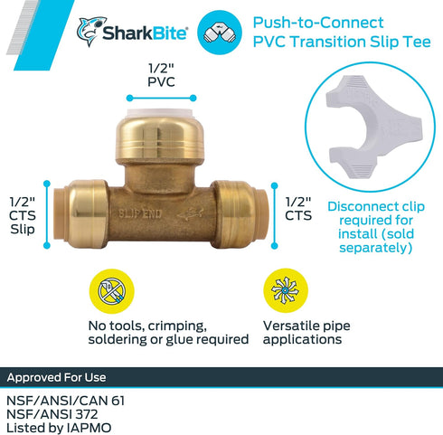 SharkBite 1/2 Inch CTS x 1/2 Inch CTS x 1/2 Inch PVC Slip Tee, Push To Connect Brass Plumbing Fitting, UIP363A...