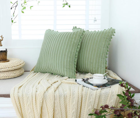 Green Pillow Covers 18x18 inch with Pom-poms Set of 2 Corduroy Farmhouse Boho Accent Decorative Throw Pillow Covers for Couch Bed Sofa...