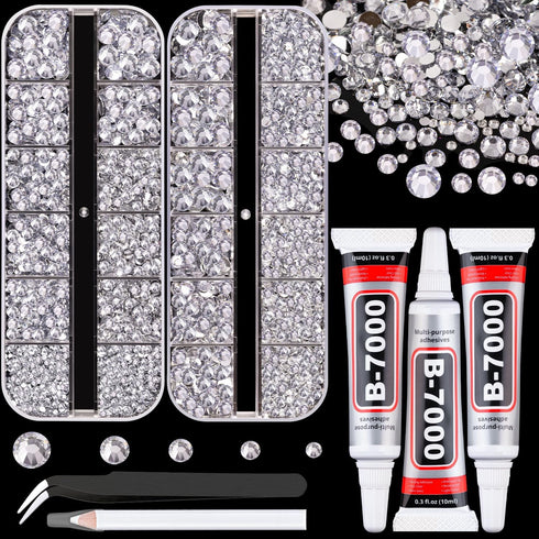 Resin Rhinestones for Crafting with B7000 Jewelry Glue, 2 Boxes Clear FlatBack Crystals with 3Pcs 10ml Glue for Bedazzling Crafts DIY Nail Art Mak...
