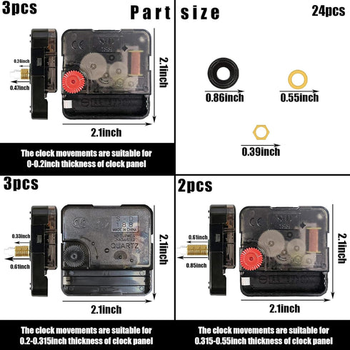 8 PCS High Torque Quartz Clock Movement Mechanism Replacement Clock Kit with 12 Different Pairs of Clock Hands for DIY Repair Clock Parts Shaft Le...