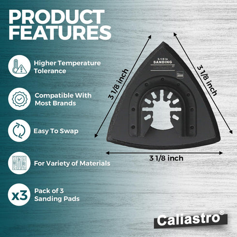 Triangle Sanding Pads for Oscillating Multitool with Universal Quick-Release - 3 Pack of 3-1/8 Inch Sander Pads for Hook & Loop Sandpaper- Caliast...