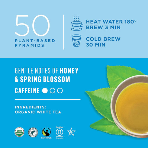 Teatulia Organic White Tea Bags (50 Pyramid Sachet Teabags) Whole Leaf Pure White Tea. 100% Compostable & Sustainably Grown In Bangladesh...