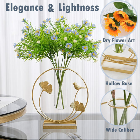 Home Decor Gold Flower Vase, Desktop Glass Vase with Gold Metal Ginkgo Leaf Stand, Hydroponics Plant Propagation Stations,Decorations for Living R...