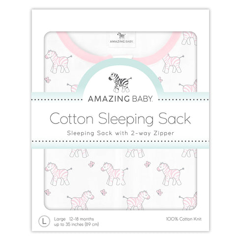 Amazing Baby Cotton Sleeping Sack, Wearable Blanket with 2-way Zipper, Pink Tiny Zebras, Medium (6-12 mo)...