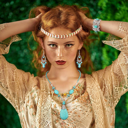 3 Pieces Bohemian Turquoise Jewelry Set Women Western Jewelry Set Turquoise Pendant Necklace, Vintage Turquoise Dangle Earrings, Stretchable Turqu...