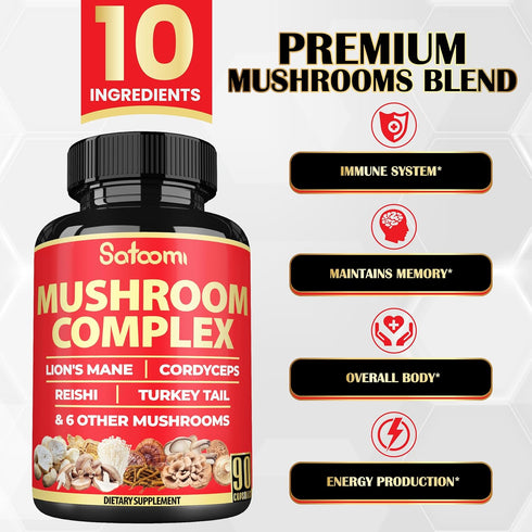 Satoomi 90 Capsules - 10in1 Turkey Tail Supplement with Lions Mane, Turkey Tail Mushroom, Reishi Mushroom & Others - for 90 Days...