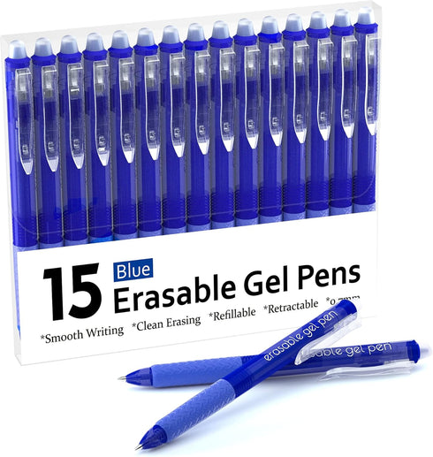 Erasable Gel Pens, 15 Pack Blue Retractable Erasable Pens Clicker, Fine Point, Make Mistakes Disappear, Blue Ink for Writing Planner and Crossword...