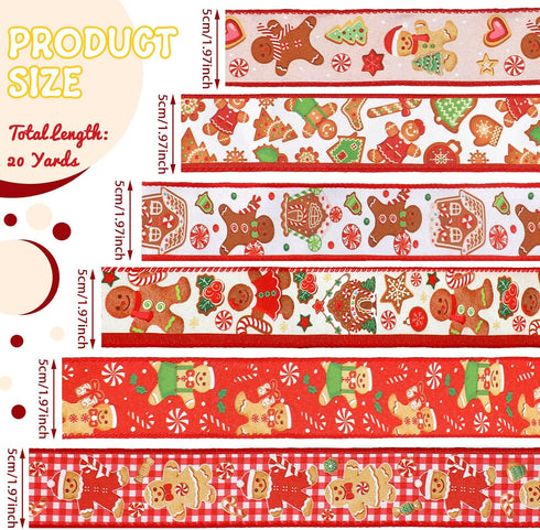 6 Rolls 30 Yards Christmas Wired Ribbon 2 Inch Gingerbread Christmas Ribbons Xmas Red Candy Cane Ribbon Swirl Burlap Gift Wrapping Ribbon for Chri...