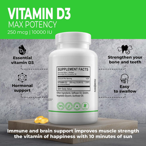 Vitamin D3 Max Potency Dietary Supplement – Immune, Hormonal, Muscle, Teeth and Bone Health Support - Easy to Swallow (250 mcg - 60 Softgels)...