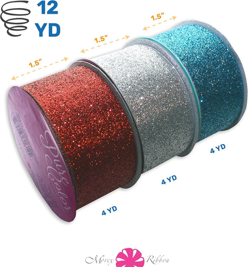 Morex Ribbon 98509P3-914 Sparkles Glitter Ribbon 1.5" X 12 YD Patriotic Ribbon for Gift Wrapping, Red/Natural/Blue (3-Pack), 4th of July Decoratio...