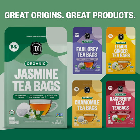 FGO Organic Jasmine Green Tea, 100 Count, Eco-Conscious Tea Bags, Resealable Bag, Packaging May Vary (Pack of 1)...