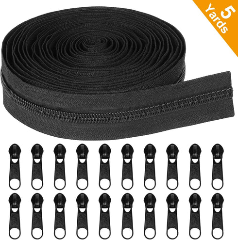MiniRed 5Yards Bulk Zippers, (#5) Black Nylon Coil Zipper by The Yards for DIY Sewing Craft Bags with Replacement 20PCS Sliders (#5 Black)...