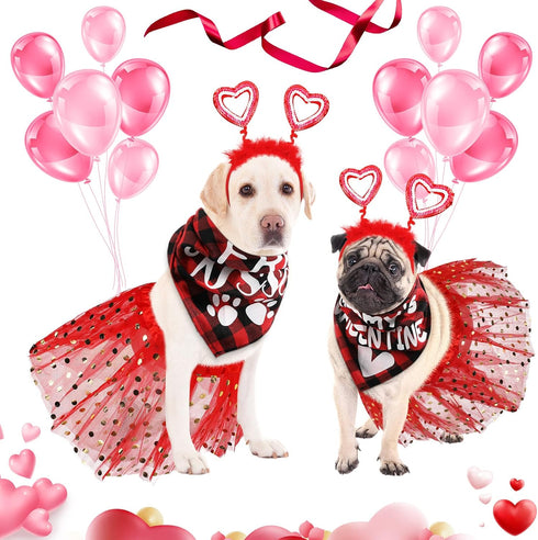 6 Pcs Valentines Day Dog Costume Set Including 2 Pcs Red Heart Headband 2 Pcs Buffalo Plaid Pet Bandana 2 Pcs Red Tutu Skirt, Cupid Headband Dog T...