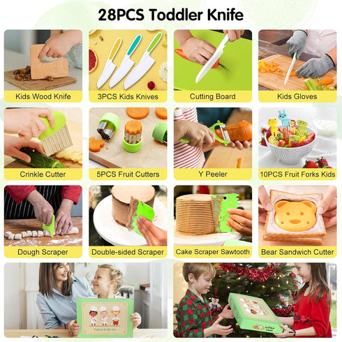 28PCS Toddler Knife Set - Kids Knifes for Real Cooking, Montessori Kids Kitchen Knife Set with Cutting Board Crinkle Cutters Kid Safe Knives, Todd...