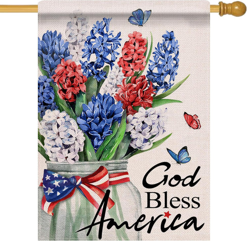 God Bless America 4th of July Patriotic 28 x 40 House Flag Double Sided, American Hyacinth Floral Flower Mason Jar Garden Yard Decoration, USA Bur...