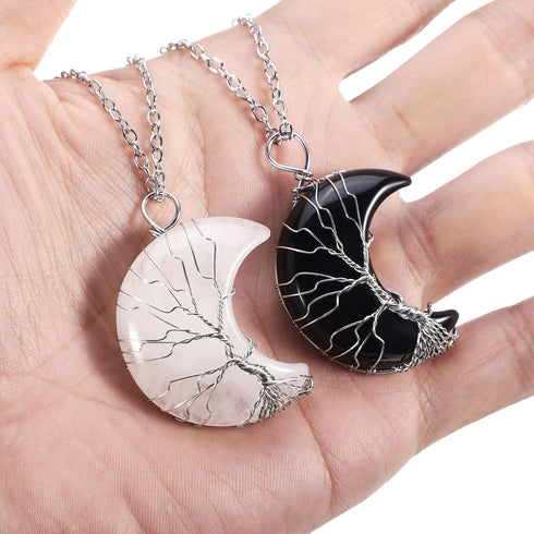 Hicarer 2 Pcs Life Tree Wire Wrapped Crescent Moon Pendant Necklace Crystal Quartz Jewelry Valentine's Day Gifts for Women...