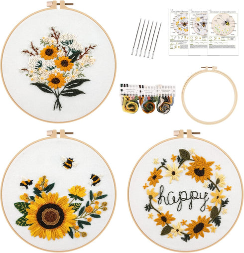 Lukinbox Embroidery Kits for Beginners Adults, 3 Sets Embroidery Starter Kit Include 3 Stamped Embroidery Clothes with Floral and Bee Pattern, 1 E...