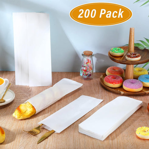 200 Pcs Kraft Paper Bags Kraft Churro Bags Grease Silverware Sleeves for Resistant Utensils Cutlery Cookies Bakery Candy Treats (White)...