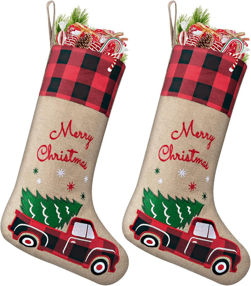 yuboo Burlap Christmas Stockings with Red Truck Xmas Decor 2 Pack, Buffalo Plaid Christmas Stockings 18-Inch Red Truck Christmas Ornaments Decorat...