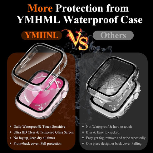 YMHML Waterproof Case for Apple Watch Series 9 41mm Screen Protector, 2 Pack New Upgrade Hard PC Bumper with Ultra HD Tempered Glass Touch Sensiti...