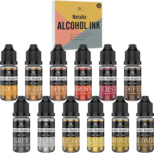 Metallic Alcohol Ink Set - 12 Metal Color Alcohol-Based Inks for Epoxy Resin Art, Painting - Concentrated Shimmer Alcohol Paint Color Dye for Resi...