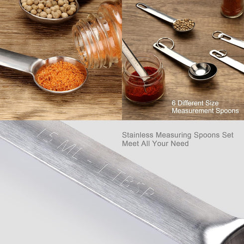 Upgrade Stainless Steel Measuring Spoons Set, Small Tablespoon, Teaspoons, Set 6 with Bonus Leveler, Etched Markings and Removable Clasp for Dry a...