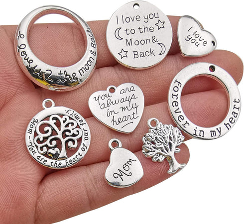 Family Mom Words Charm Collection-32 PCS Craft Supplies Heart Moon Love Words Mother's Day Charms Pendants for Jewelry Making Crafting Findings Ac...