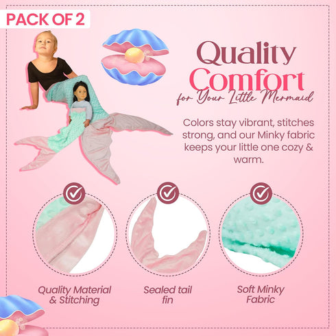 Mermaid Tail Blanket for Girls - Super Soft Flannel Sleeping Snuggle Blanket with Bonus Doll Blanket, Wearable Cozy Mermaid Tail Blankie Aqua/Pink...