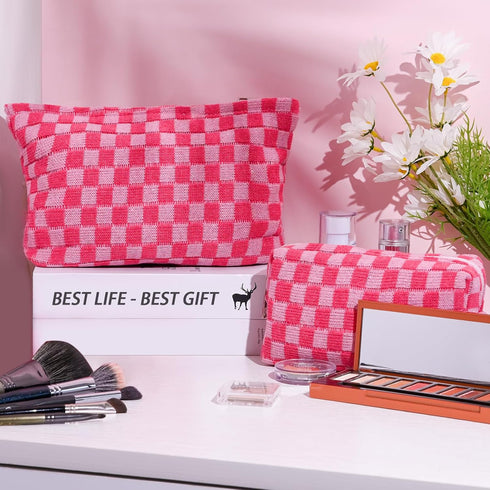 Large Capacity Makeup Bag Set Pink Checkered Makeup Bags 2 Pieces Canvas Travel Makeup Bag Organizer Travel Toiletry Bag Storage Bag for Women...