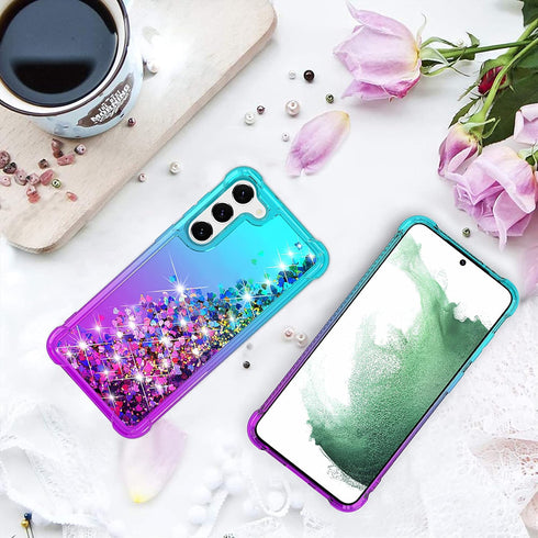 for Samsung S23 Plus Case,S23 Plus Case,with HD Screen Protector,Gradient Quicksand Glitter Liquid Floating Waterfall Durable Girls Cute Phone Cas...